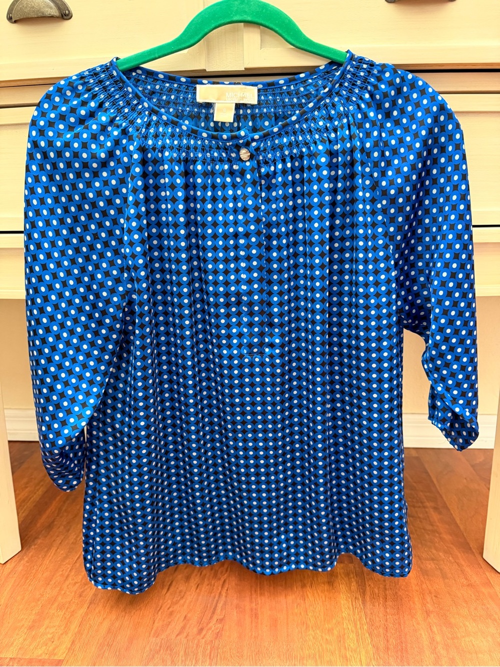 Michael Kors Blue Geometric Smocked-Neck Blouse size 6